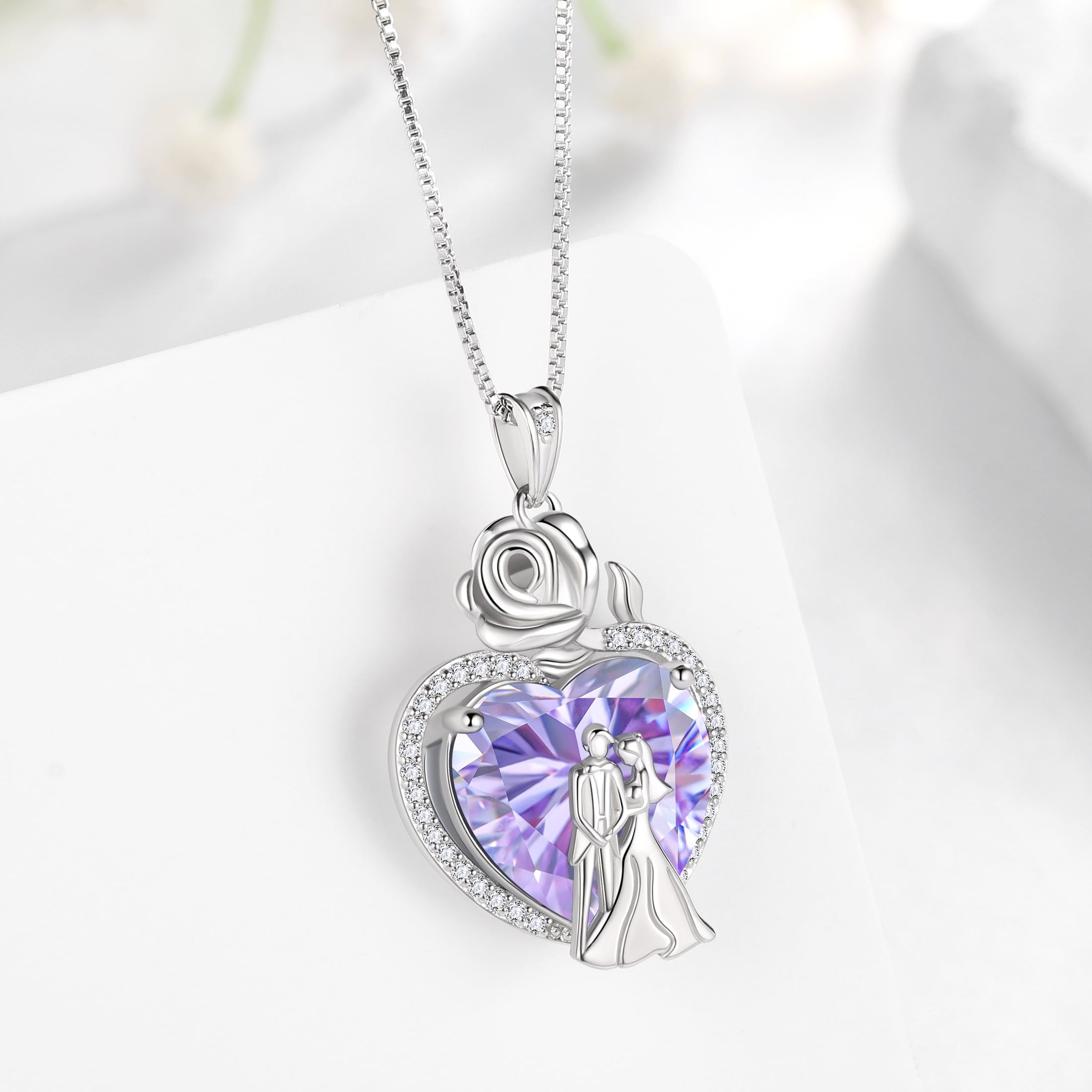 Couple Necklace for Women 925 Sterling Silver 15MM Heart June Birthstone Rose Flower Pendant Promise Engagement Bridal Jewelry Valentines Gift for Wife Girlfriend - Aurora Tears