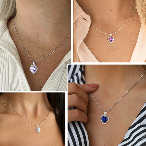 Hearts Jewelry Sets 3PCS Women Birthstone Necklace Earrings Girls Jewelry Birthday Gift 925 Sterling Silver - Aurora Tears Jewelry