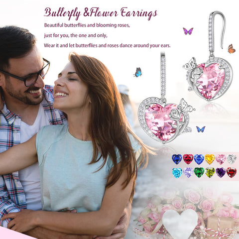 Juwaliy Women Birthstone Drop Earrings Heart Butterfly Flower Jewelry Hook 925 Sterling Silver Mother Valentine's Day Gift