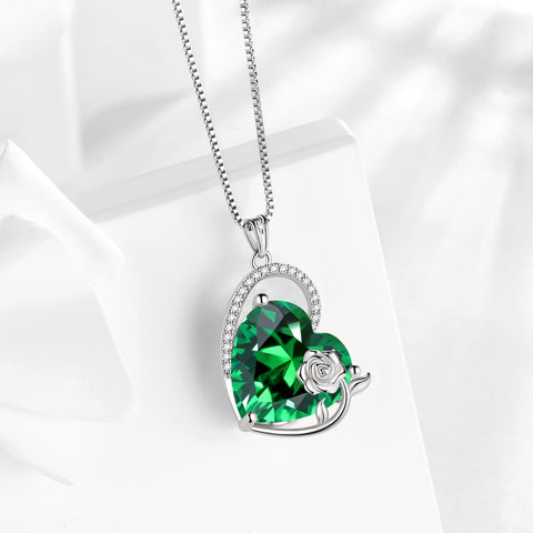 925 Sterling Silver 15MM Heart Necklace Women May Birthstone Emerald Jewelry Green Rose Flower Pendant Birthday Christmas Mother's Day Gift - Aurora Tears