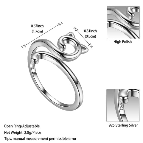 925 Sterling Silver Adjustable Cute Cat Ring for Women