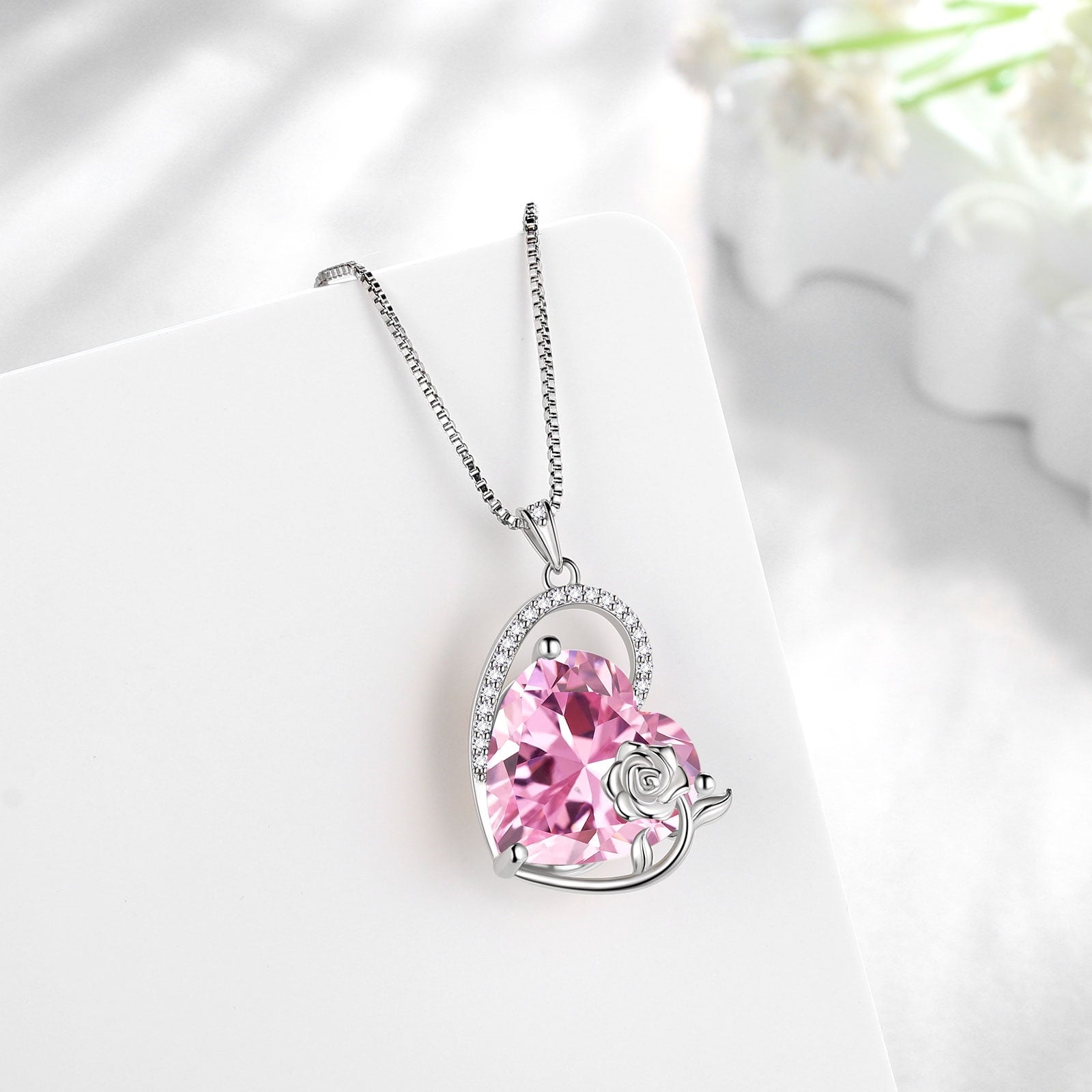 925 Sterling Silver 15MM Heart Necklace Women October Birthstone Tourmaline Jewelry Pink Rose Flower Pendant Mother Christmas Valentine's Day Gift - Aurora Tears