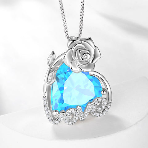 15MM Rose Heart Women Necklace March Birthstone 925 Sterling Silver Love Flower Pendant Blue Aquamarine Jewelry Mother Birthday Valentines Gift for Wife - Aurora Tears