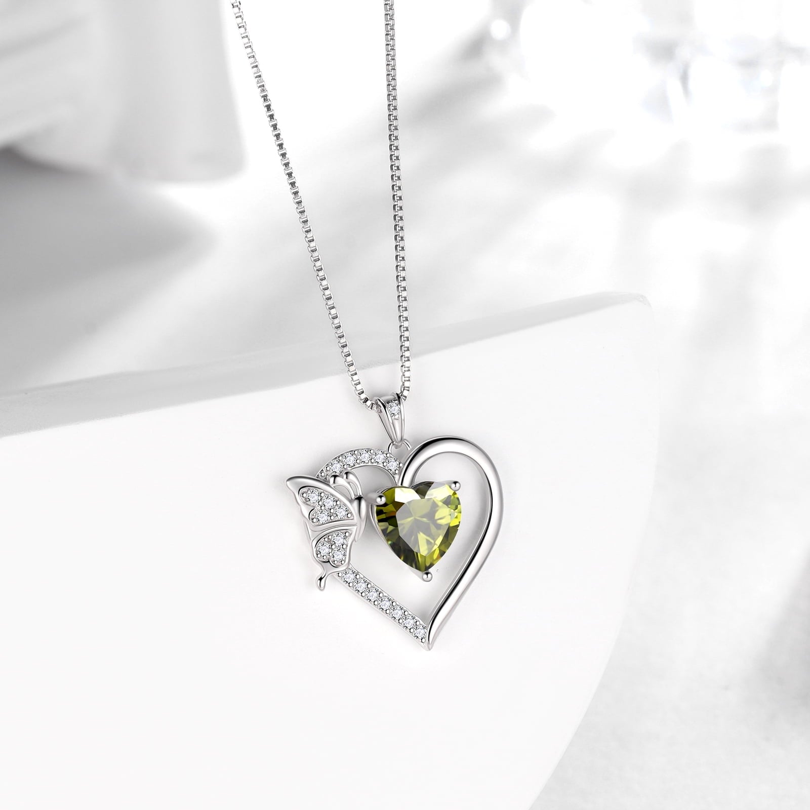 Women Green Heart Necklace Butterfly August Birthstone Necklace Peridot Crystal 925 Sterling Silver Pendant Jewelry Birthday Mother's Day Gift - Aurora Tears
