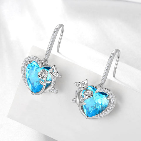 Women March Birthstone Drop Dangle Earrings Heart Aquamarine Blue Butterfly Flower 925 Sterling Silver Hook Jewelry Mother Birthday Gift - Aurora Tears