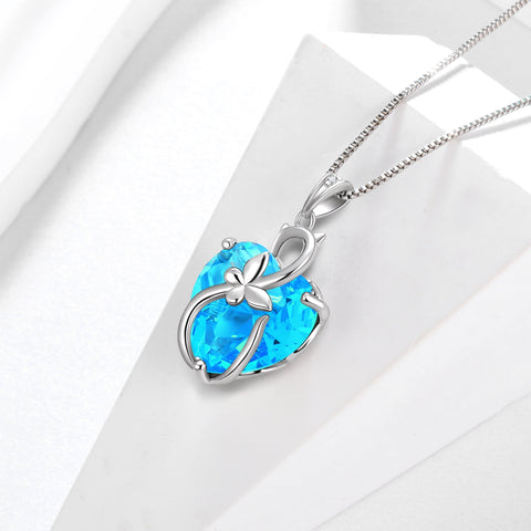 15MM Women Cat Necklace Heart March Birthstone 925 Sterling Silver Pendant Blue Aquamarine Butterfly Jewelry Birthday Gift for Cat Lover - Aurora Tears