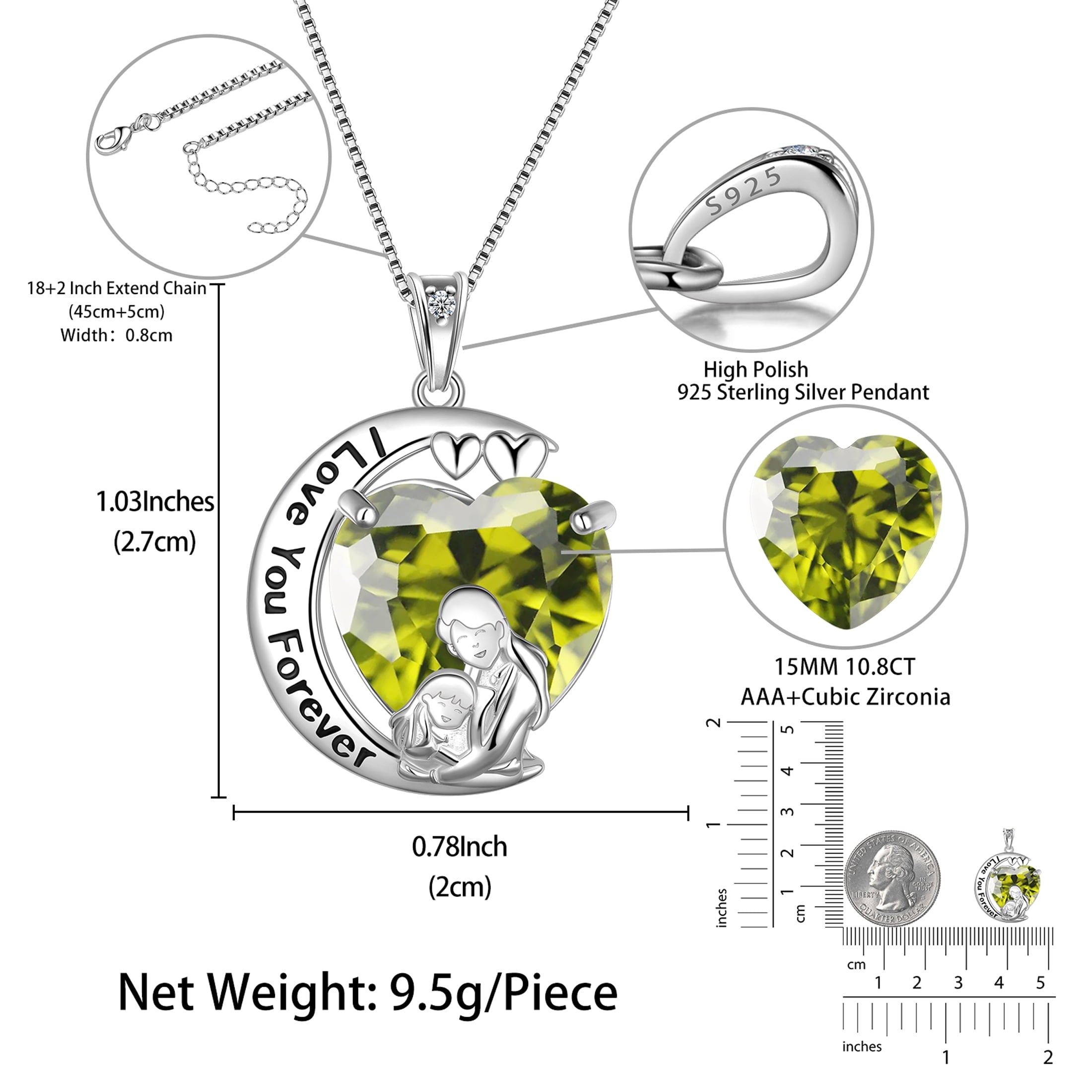 Moon Love Heart Mother Daughter Necklace 925 Sterling Silver Peridot August Birthstone Pendant Jewelry Women Christmas Birthday Gift Idea for Daughter - Aurora Tears