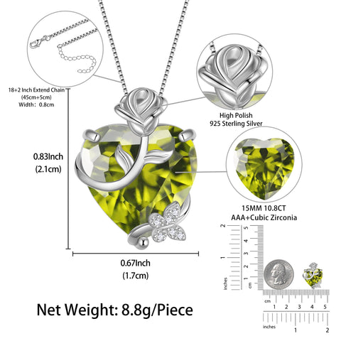15MM Women Rose Heart Necklace August Birthstone 925 Sterling Silver Flower Butterfly Pendant Green Peridot Jewelry Christmas Birthday Mother's Day Gift - Aurora Tears