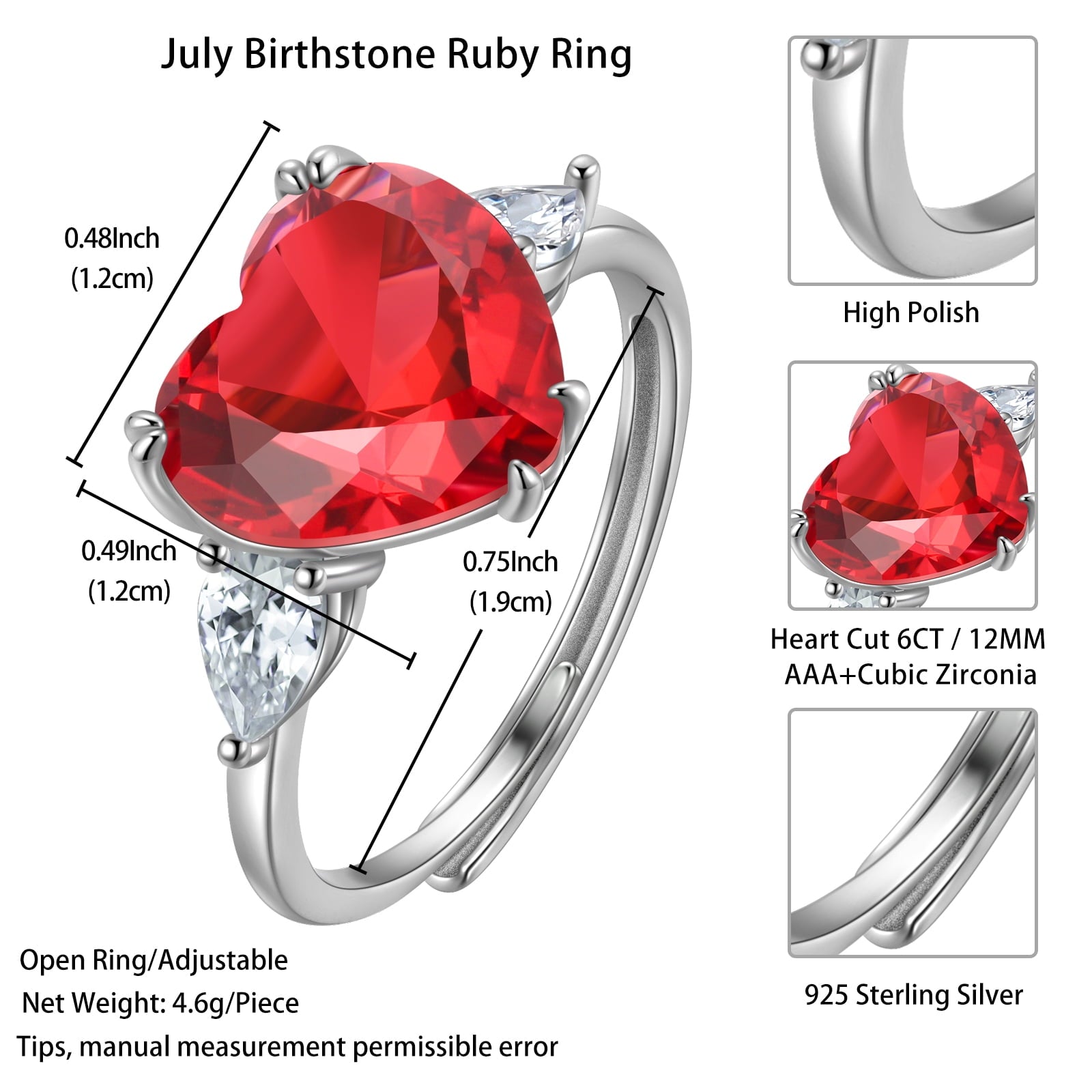 6Ct Women Heart Ring 925 Sterling Silver July Birthstone Ruby Ring Red CZ Band Jewelry Mother Birthday Valentine's Day Gifts - Aurora Tears