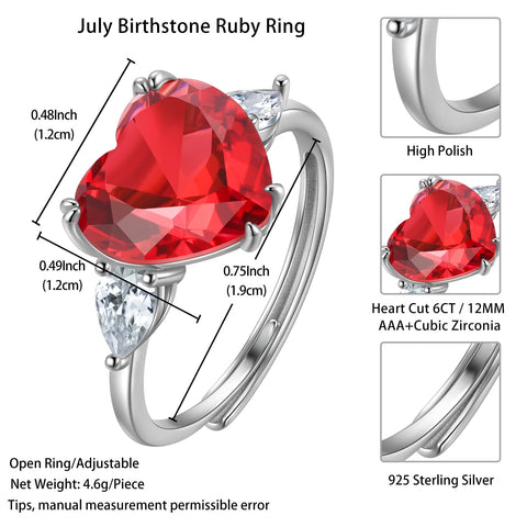 6Ct Women Heart Ring 925 Sterling Silver July Birthstone Ruby Ring Red CZ Band Jewelry Mother Birthday Valentine's Day Gifts - Aurora Tears
