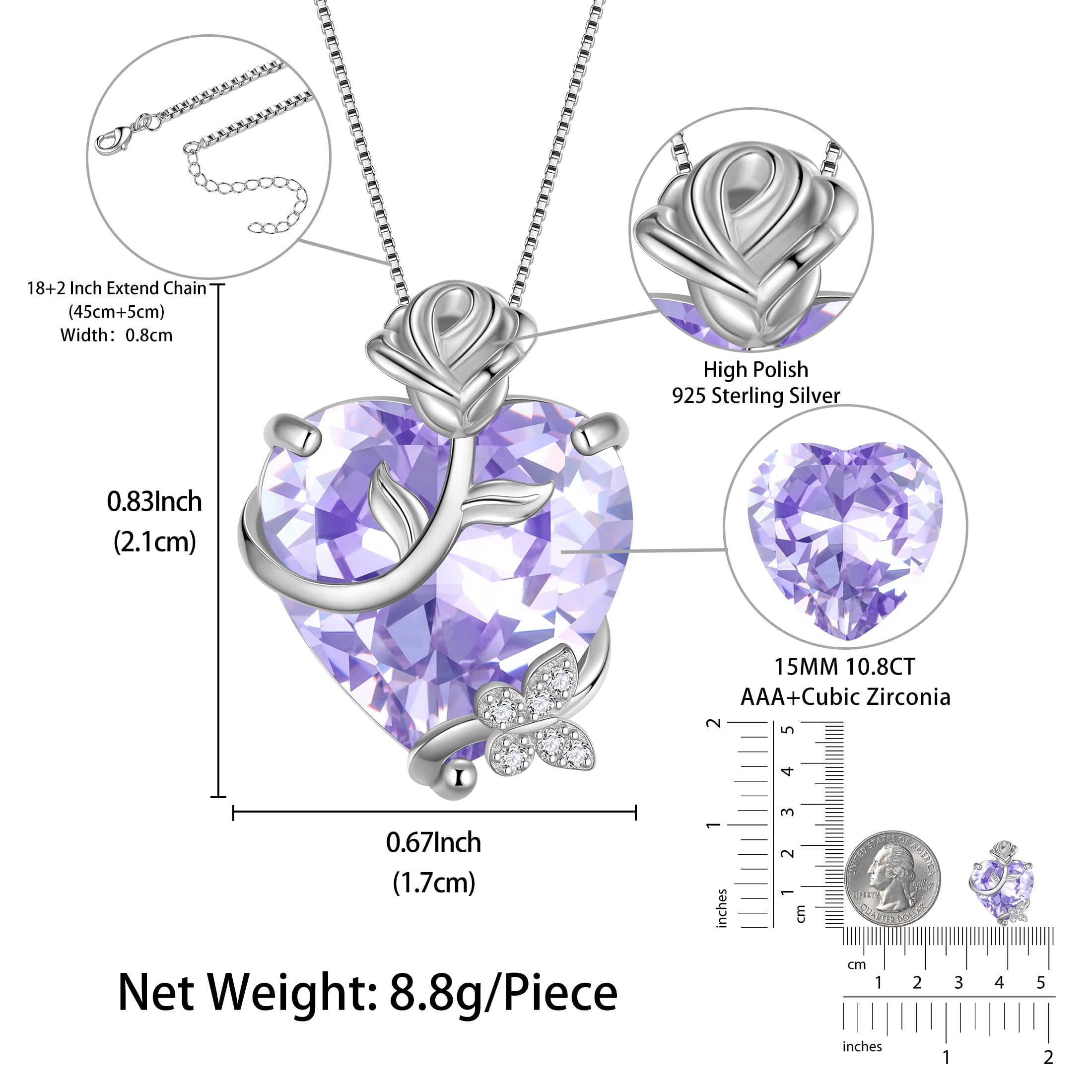 15MM Women Rose Heart Necklace June Birthstone 925 Sterling Silver Flower Butterfly Pendant Purple Alexandrite Jewelry Mom Birthday Gift - Aurora Tears