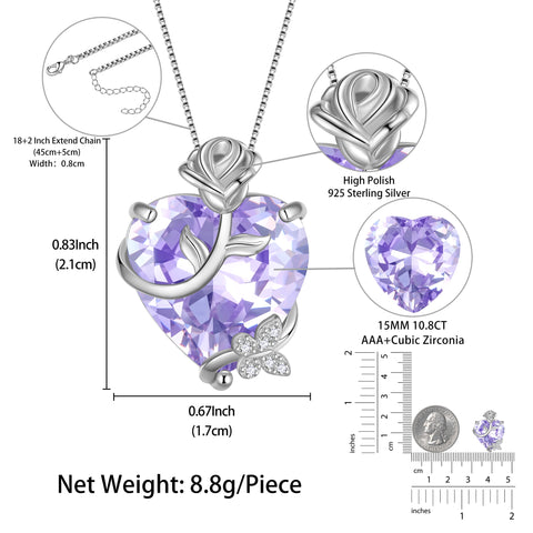 15MM Women Rose Heart Necklace June Birthstone 925 Sterling Silver Flower Butterfly Pendant Purple Alexandrite Jewelry Mom Birthday Gift - Aurora Tears
