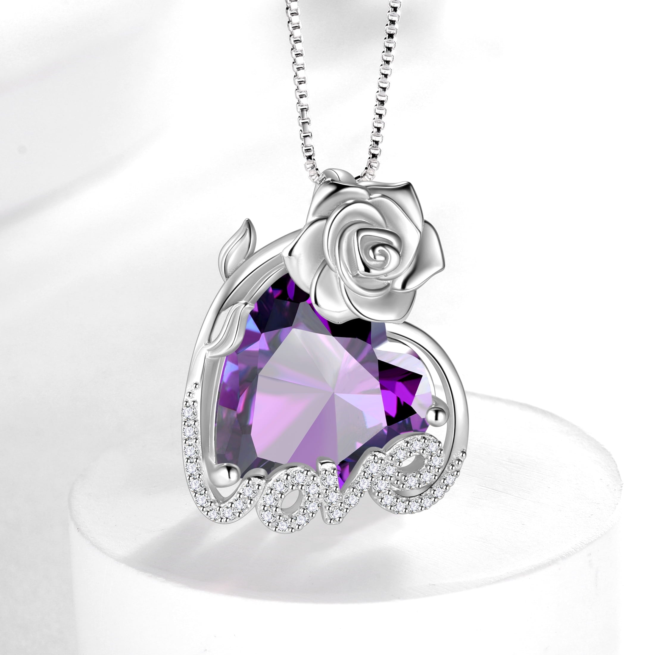 15MM Rose Heart Women Necklace February Birthstone 925 Sterling Silver Love Pendant Purple Amethyst Jewelry Mom Valentine's Day Gift for Wife Girlfriend - Aurora Tears