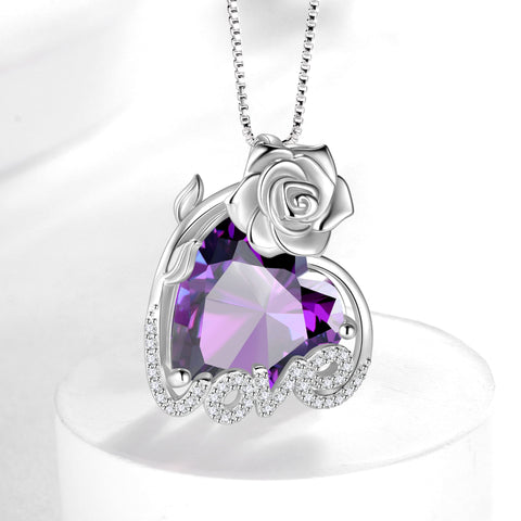 15MM Rose Heart Women Necklace February Birthstone 925 Sterling Silver Love Pendant Purple Amethyst Jewelry Mom Valentine's Day Gift for Wife Girlfriend - Aurora Tears