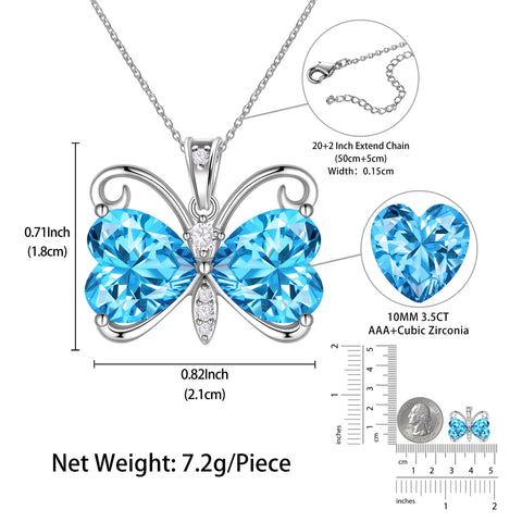 Women Blue Butterfly Necklace Heart March Birthstone Necklace Aquamarine Silver Plated Pendant Jewelry Christmas Birthday Mother's Day Gift - Aurora Tears