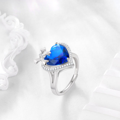 6Ct Heart Women Ring Bow Kont Ribbon 925 Sterling Silver September Birthstone Blue Sapphire Ring Jewelry Mom Wife Valentines Birthday Mother's Day Gift - Aurora Tears