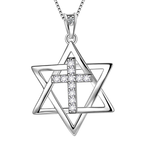 Colar com Cruz Masculina e Estrela de Davi, Amuleto Judaico Feminino, Joia em Prata de Lei