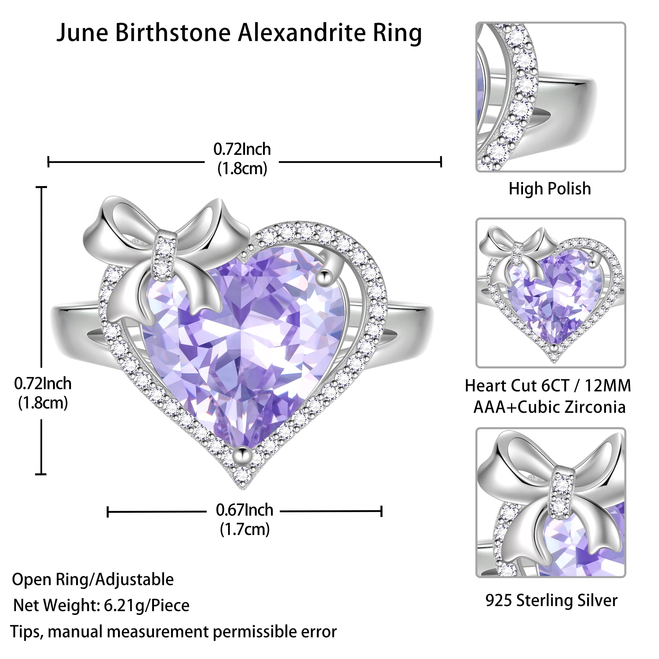6Ct Heart Women Ring Bow Kont Ribbon 925 Sterling Silver June Birthstone Alexandrite Adjustable Ring Solitaire Jewelry Mother Valentines Birthday Gift - Aurora Tears