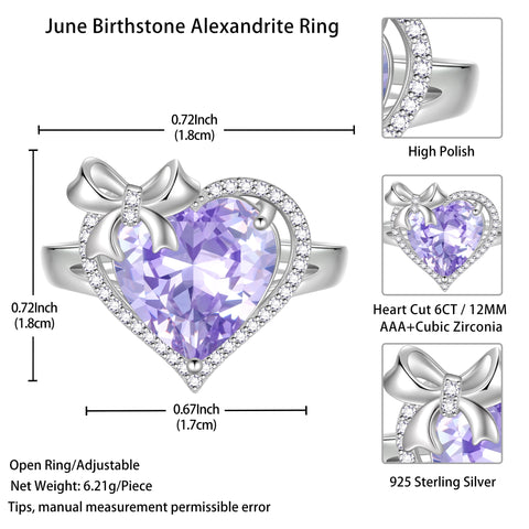6Ct Heart Women Ring Bow Kont Ribbon 925 Sterling Silver June Birthstone Alexandrite Adjustable Ring Solitaire Jewelry Mother Valentines Birthday Gift - Aurora Tears