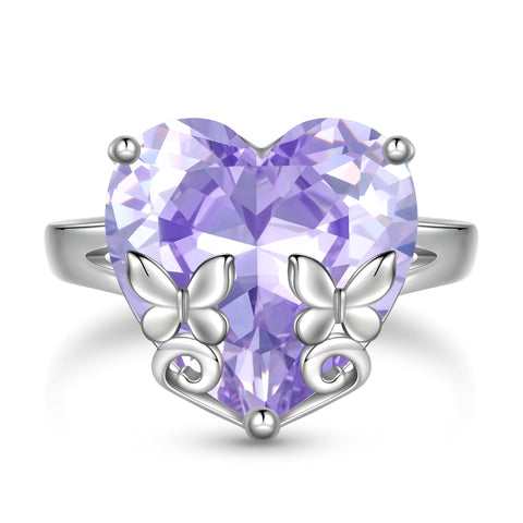 Women Heart Ring 925 Sterling Silver Butterfly Birthstone Solitaire Ring Jewelry Girls Gift