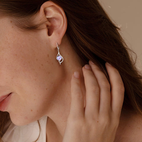 925 Sterling Silver Leverback Women Earrings June Birthstone Alexandrite Purple Long Drop Earring Tail Jewelry Mother Christmas Birthday Valentines Gift for Her - Aurora Tears