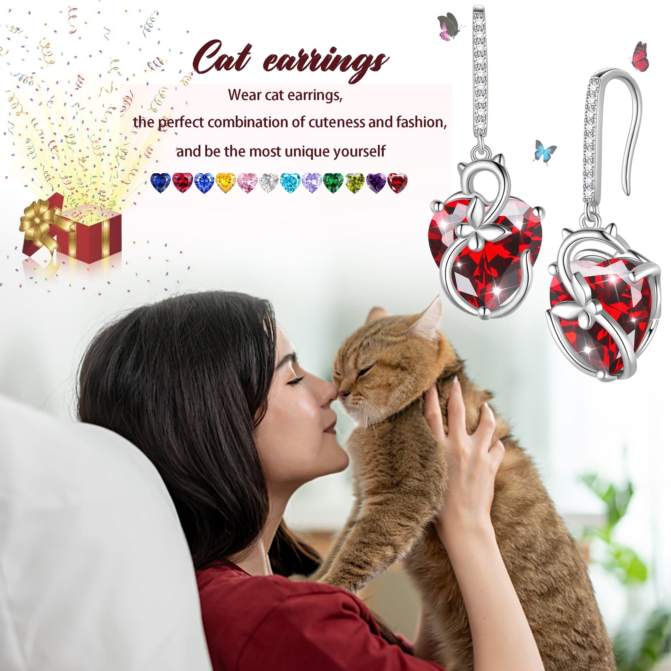 Cat Butterfly Earrings for Women 925 Sterling Silver Earrings Dangle Drop Hook Purple Heart Amethyst February Birthstone Jewelry Mother Christmas Birthday Valentine's Day Gifts for Wife - Aurora Tears