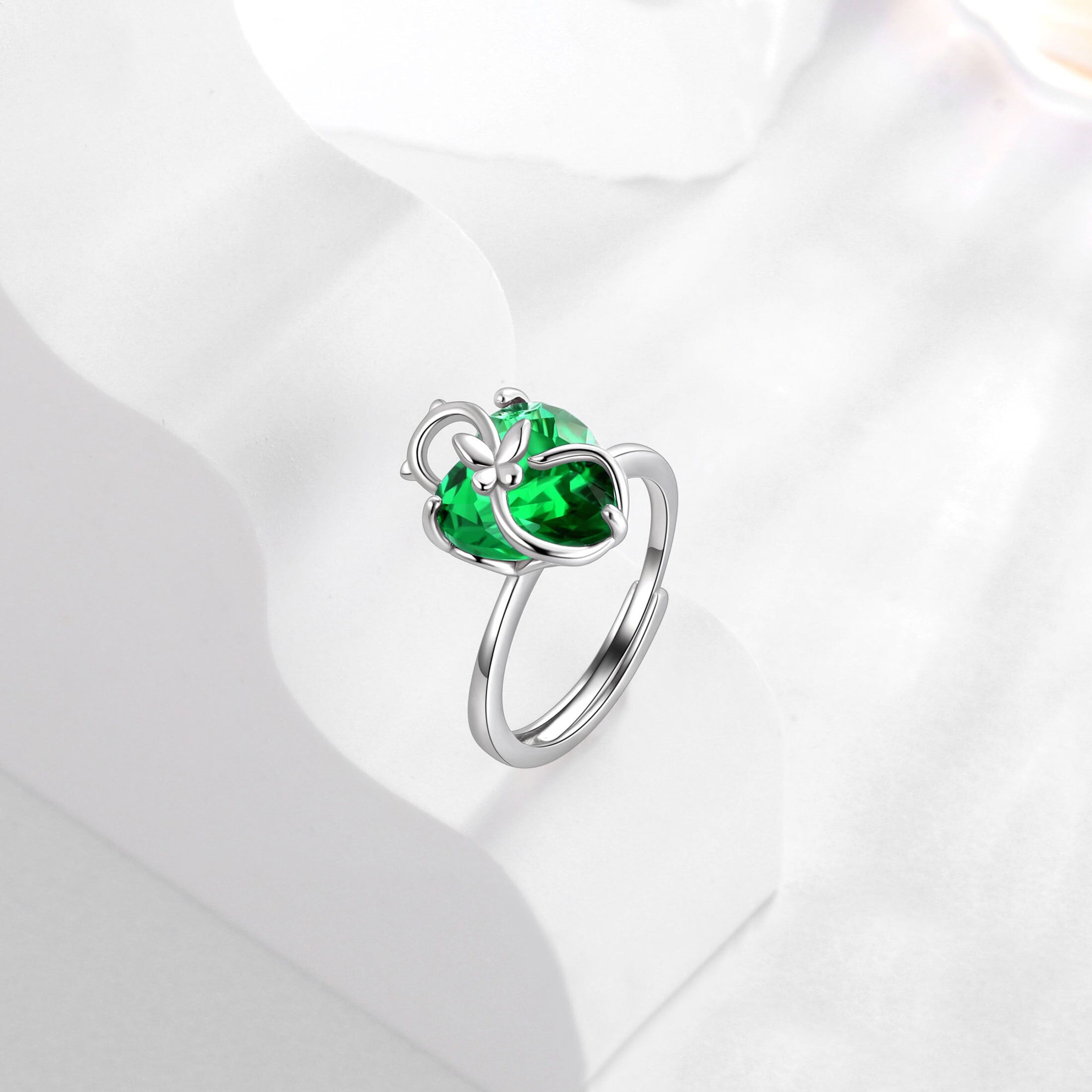 Women Heart Ring 925 Sterling Silver Cat Butterfly May Birthstone Emerald Green Solitaire Ring Jewelry Cat Lover Birthday Mother's Day Gift - Aurora Tears
