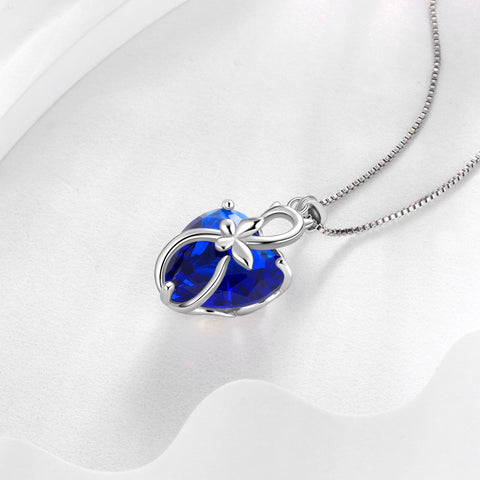 15MM Women Cat Necklace Heart September Birthstone 925 Sterling Silver Pendant Butterfly Blue Sapphire Jewelry Birthday Mother's Day Gift - Aurora Tears