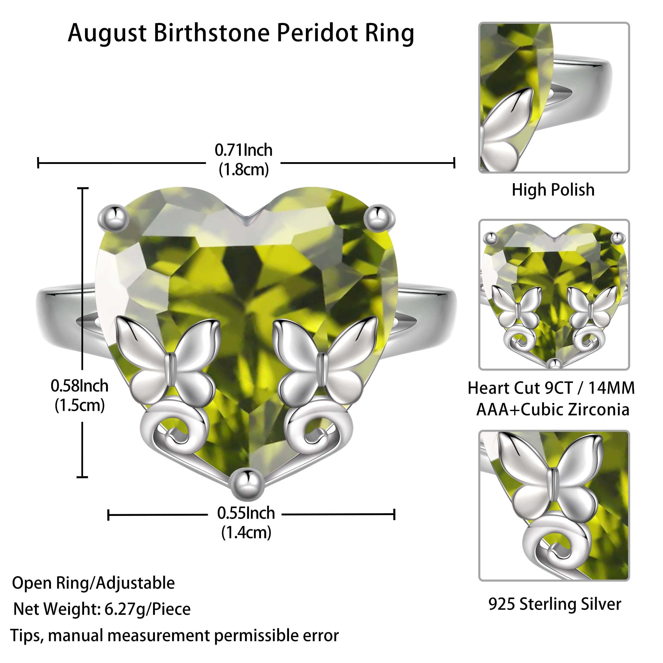 9Ct Women Heart Ring 925 Sterling Silver Butterfly August Birthstone Peridot Solitaire Ring Jewelry Mom Christmas Birthday Gift - Aurora Tears