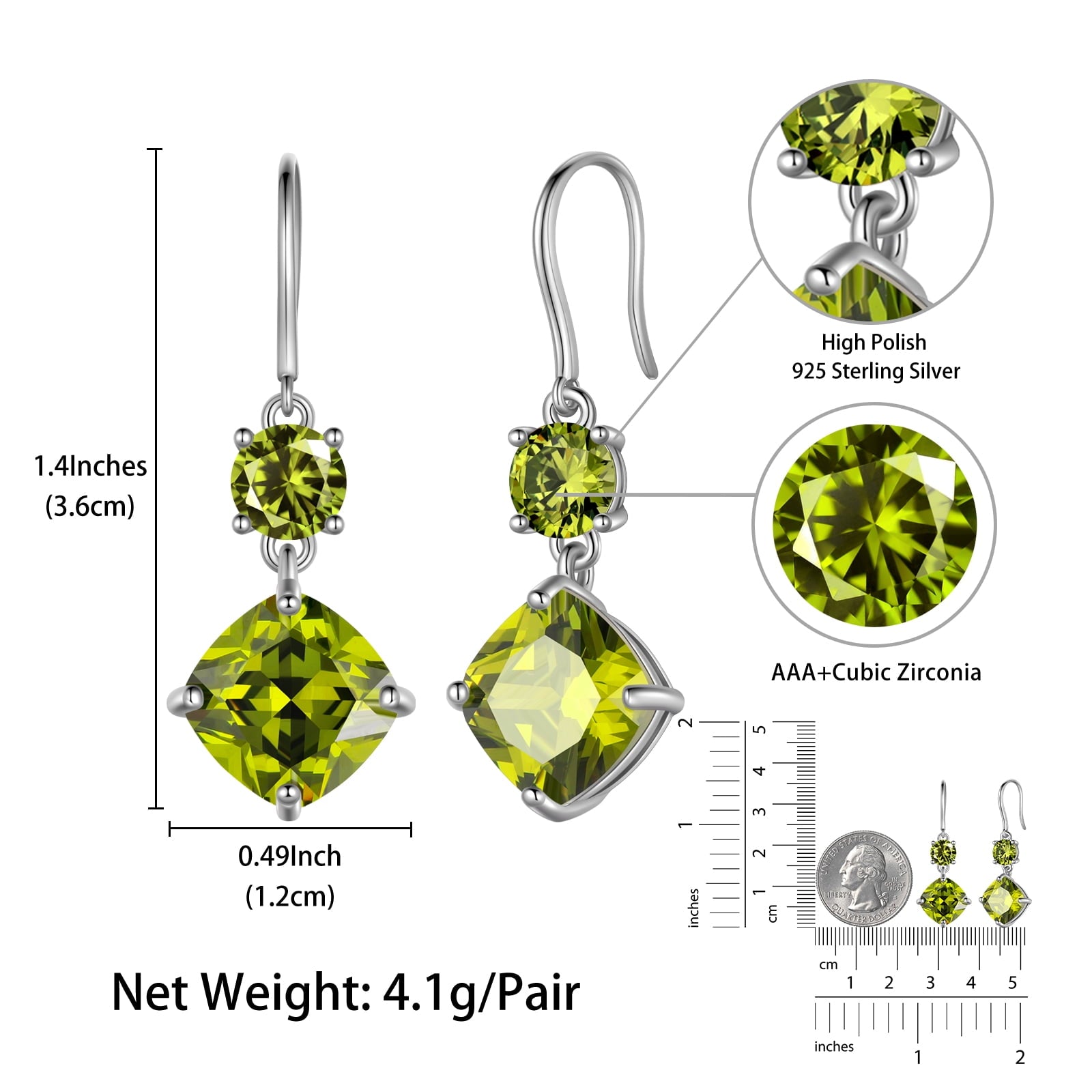 August Birthstone Earrings Women 925 Sterling Silver Long Drop Earrings Peridot Cushion Crystal Jewelry Grandma Mother Christmas Birthday Gift - Aurora Tears