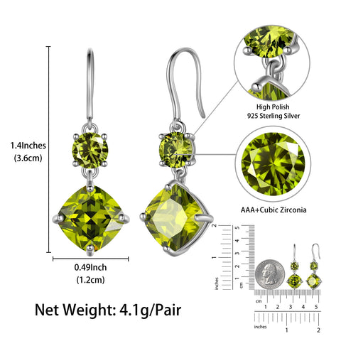 August Birthstone Earrings Women 925 Sterling Silver Long Drop Earrings Peridot Cushion Crystal Jewelry Grandma Mother Christmas Birthday Gift - Aurora Tears