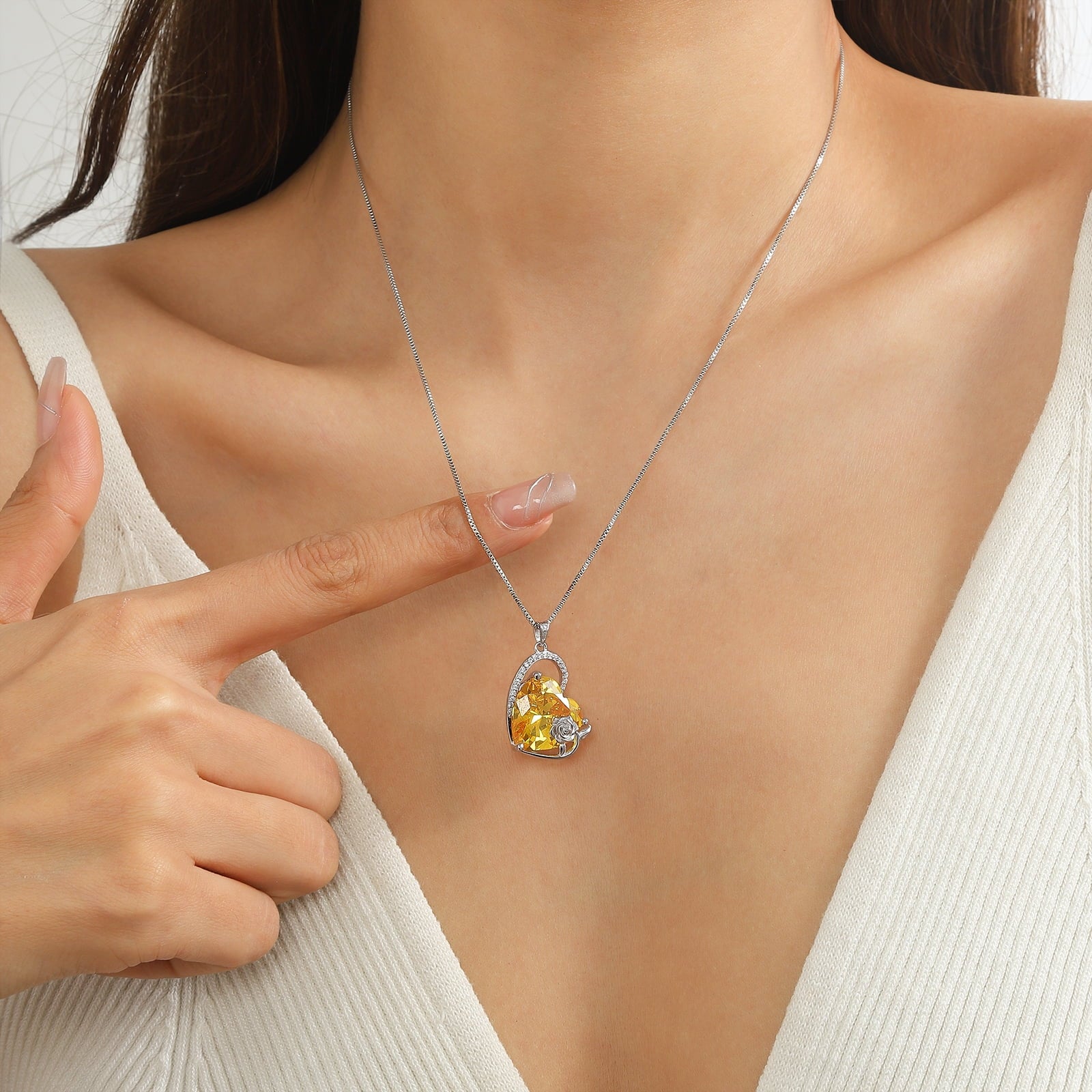 925 Sterling Silver 15MM Heart Necklace Women November Birthstone Citrine Jewelry Yellow Rose Flower Pendant Christmas Valentines Birthday Gift for Her - Aurora Tears