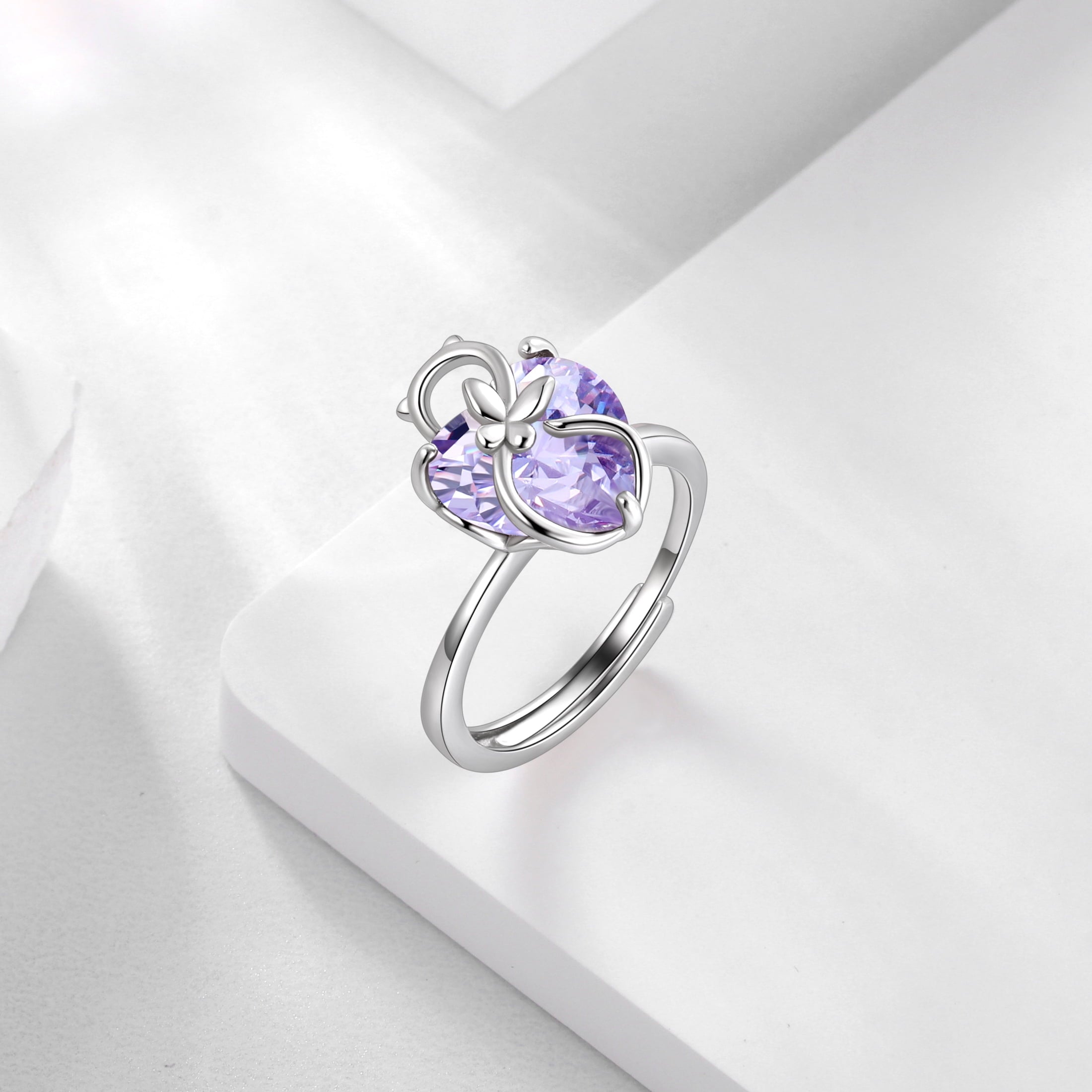 Women Heart Ring 925 Sterling Silver Cat Butterfly June Birthstone Alexandrite Solitaire Ring Jewelry Birthday Gift for Mother Cat Lover - Aurora Tears