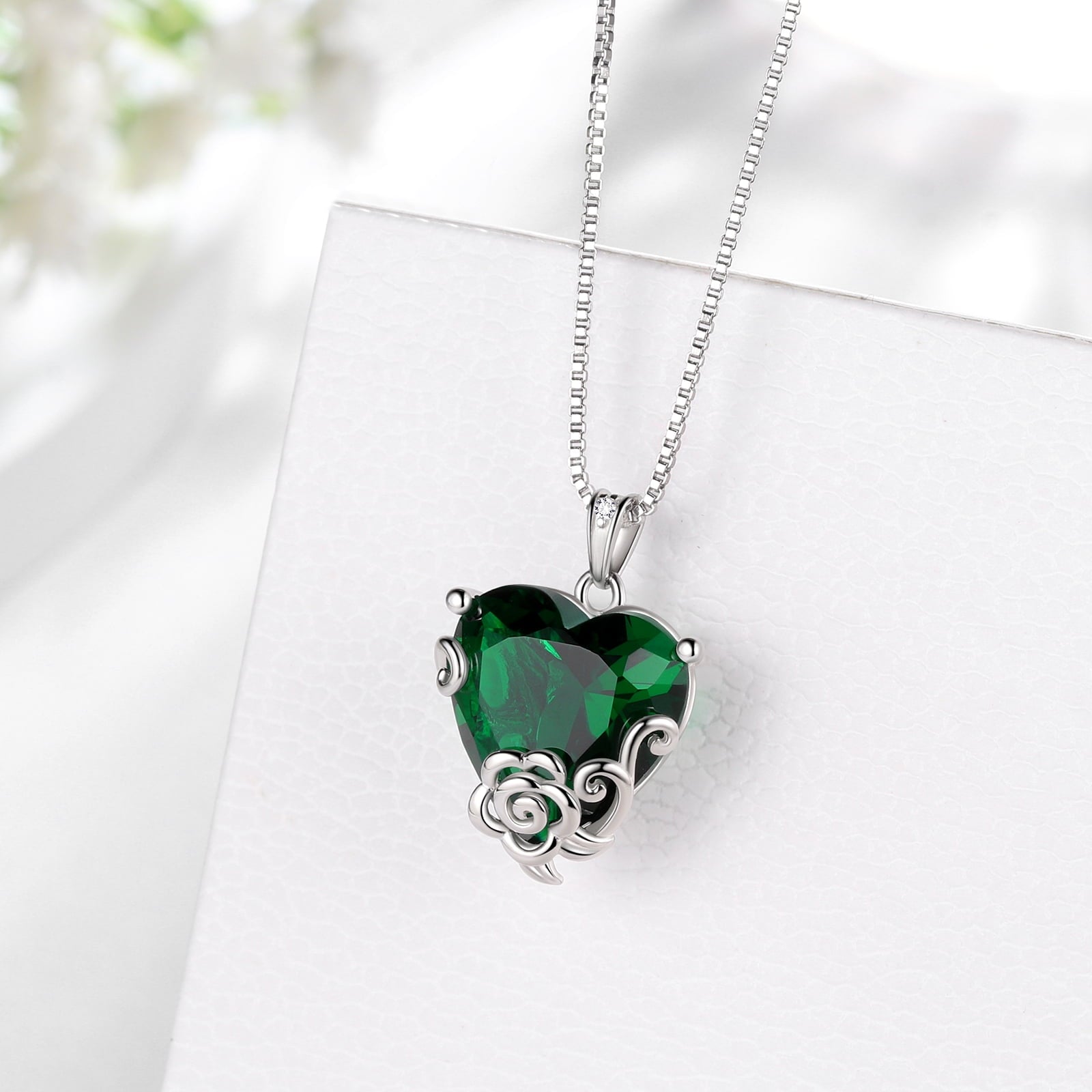 Women Heart Necklace May Birthstone Emerald Jewelry 925 Sterling Silver Green Rose Flower Pendant Mom Grandma Birthday Mother's Day Gift - Aurora Tears