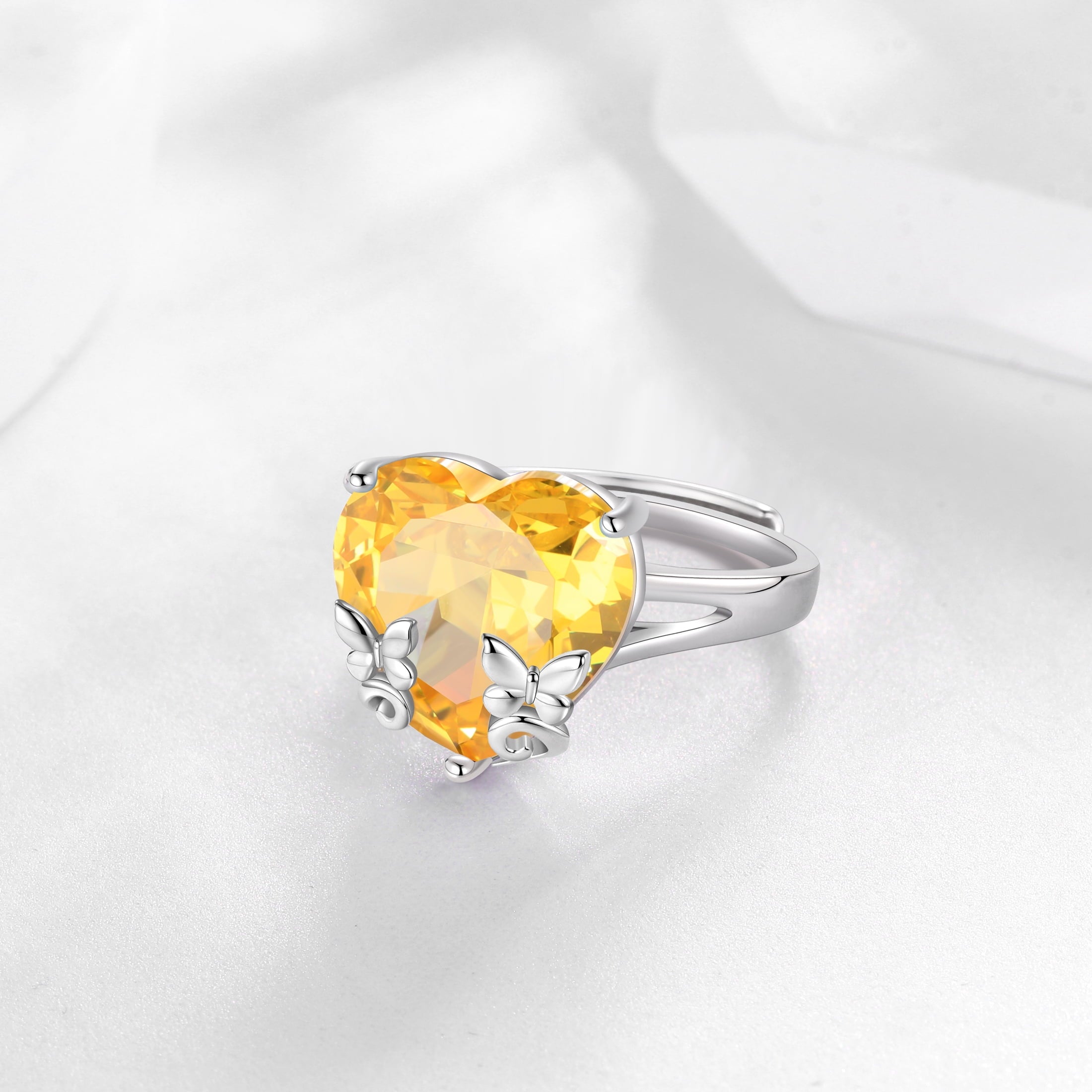 9Ct Women Heart Ring 925 Sterling Silver Butterfly November Birthstone Citrine Solitaire Ring Jewelry Christmas Thanksgiving Gift for Mother - Aurora Tears