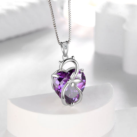15MM Women Cat Necklace Heart February Birthstone 925 Sterling Silver Pendant Purple Amethyst Butterfly Jewelry Valentine's Day Gift for Cat Lover - Aurora Tears