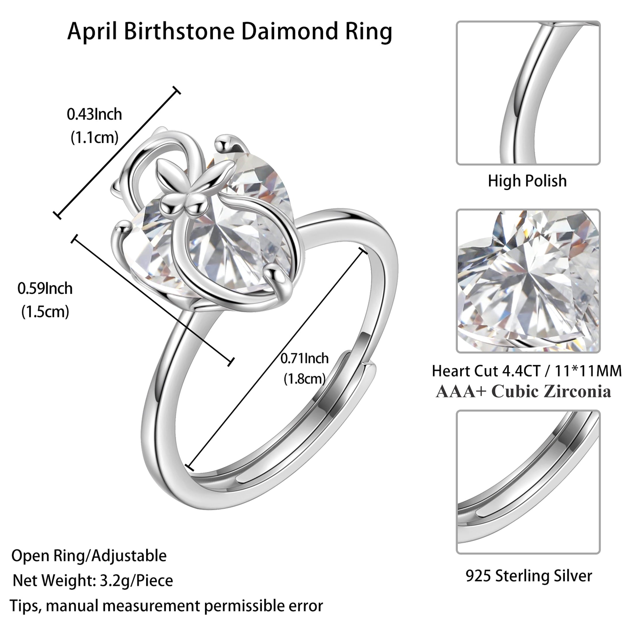 Women Heart Ring 925 Sterling Silver Cat Butterfly April Birthstone Diamond Crystal Solitaire Ring Bridal Jewelry Birthday Gift for Cat Lover - Aurora Tears