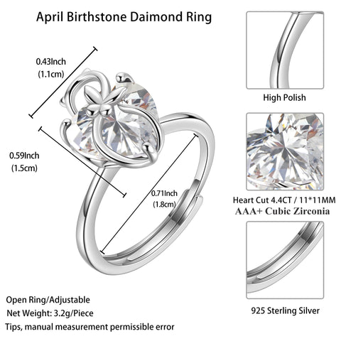 Women Heart Ring 925 Sterling Silver Cat Butterfly April Birthstone Diamond Crystal Solitaire Ring Bridal Jewelry Birthday Gift for Cat Lover - Aurora Tears
