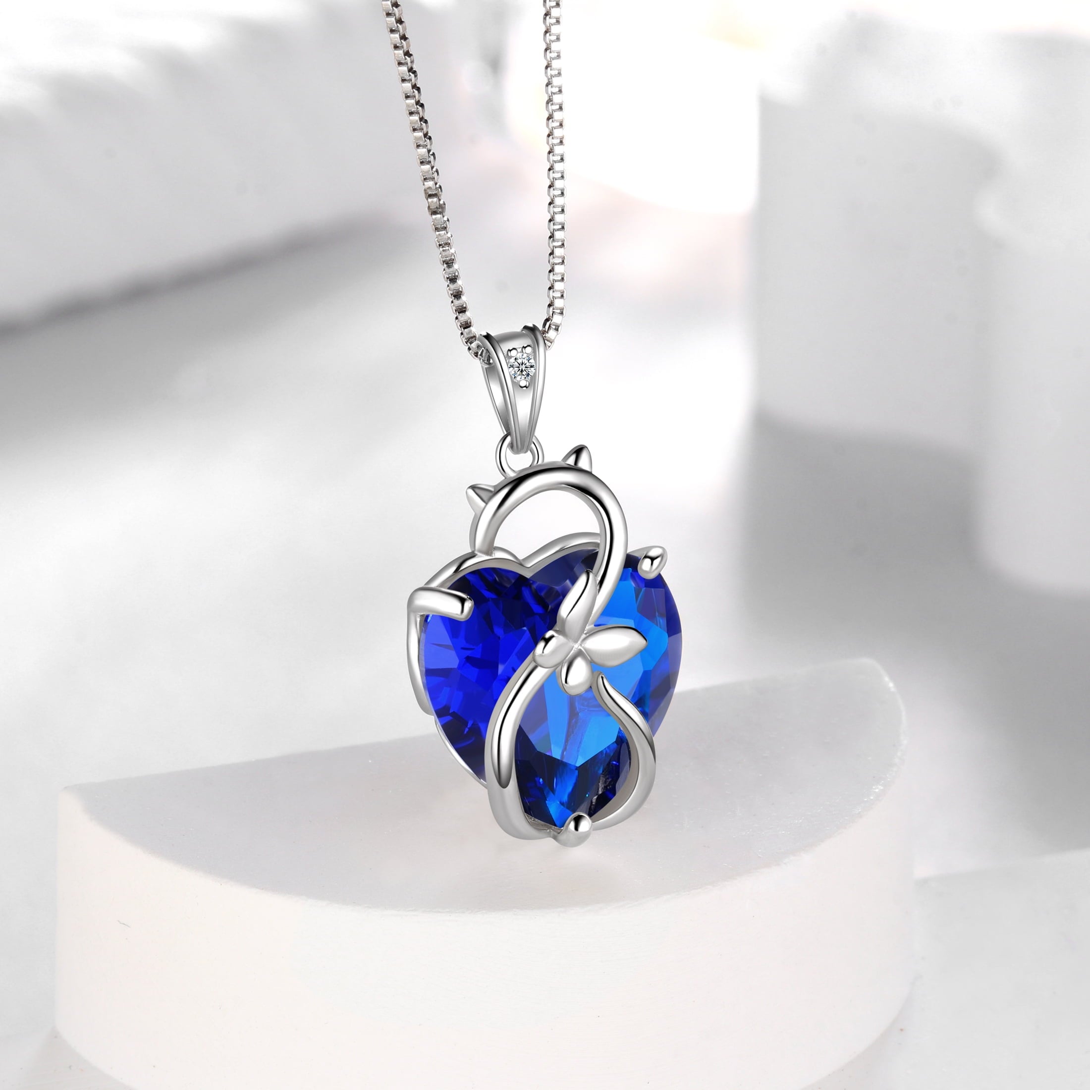 15MM Women Cat Necklace Heart September Birthstone 925 Sterling Silver Pendant Butterfly Blue Sapphire Jewelry Birthday Mother's Day Gift - Aurora Tears