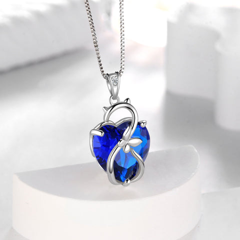 15MM Women Cat Necklace Heart September Birthstone 925 Sterling Silver Pendant Butterfly Blue Sapphire Jewelry Birthday Mother's Day Gift - Aurora Tears