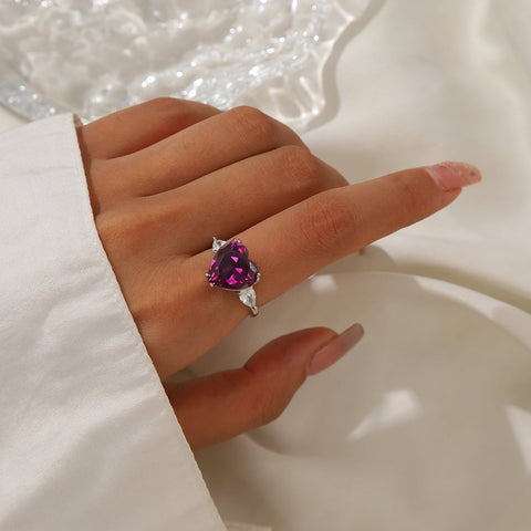 6Ct Women Heart Ring 925 Sterling Silver February Birthstone Ring Amethyst Purple Jewelry Mom Grandma Valentine's Day Wedding Gift - Aurora Tears