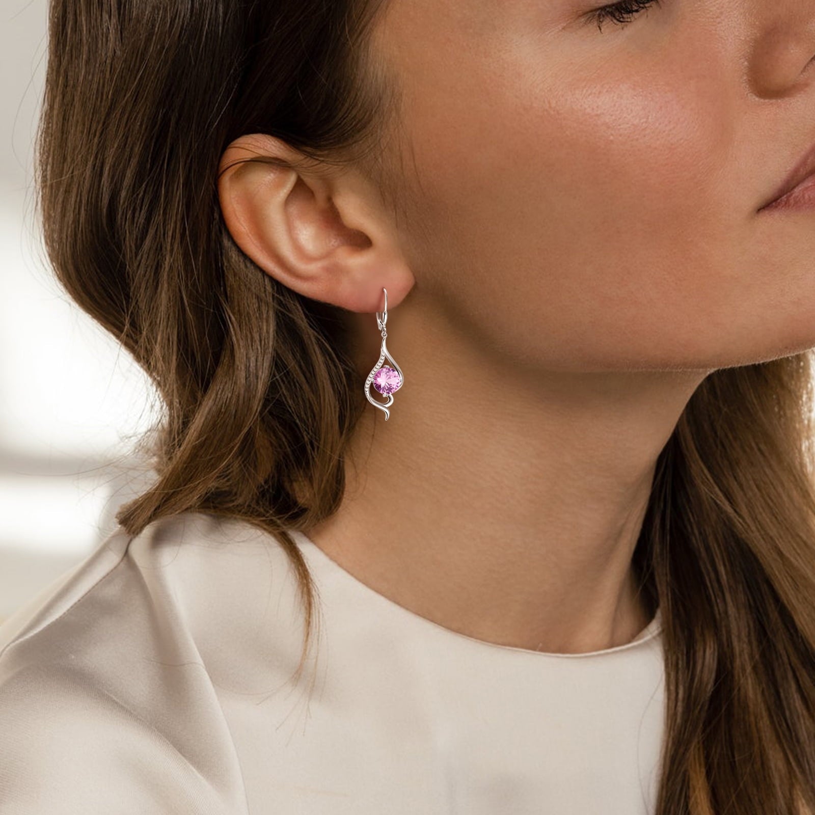 Women Dangle Earrings Pink October Birthstone Tourmaline Earrings 925 Sterling Silver Leverback Tail Jewelry Mother Christmas Birthday Valentines Day Gift for Her - Aurora Tears