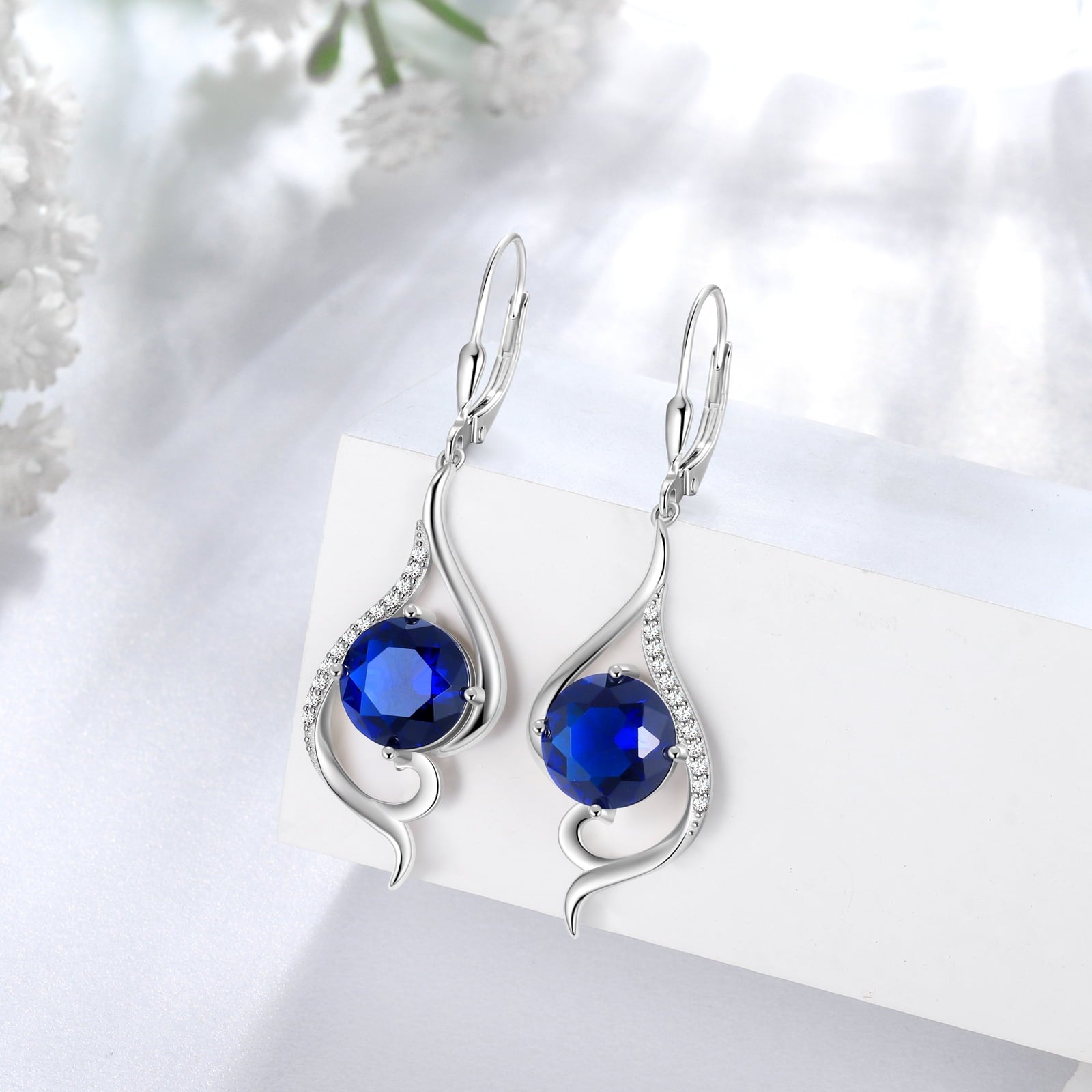 Women Blue Sapphire Dangle Earrings September Birthstone Sterling Silver Earring Leverback Tail Jewelry Mom Christmas Birthday Valentines Mothers Day Gift for Her - Aurora Tears