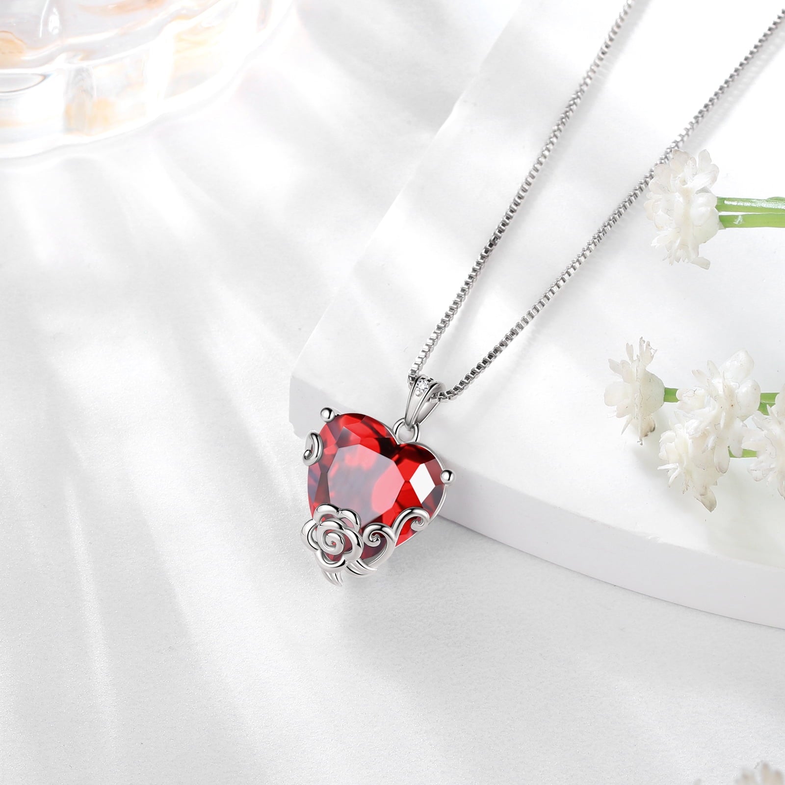 Women Heart Necklace January Birthstone Garnet Jewelry Red Flower Rose Pendant 925 Sterling Silver Mother Birthday Christmas Valentine's Day Gift - Aurora Tears
