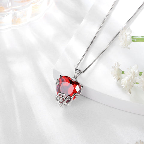 Women Heart Necklace January Birthstone Garnet Jewelry Red Flower Rose Pendant 925 Sterling Silver Mother Birthday Christmas Valentine's Day Gift - Aurora Tears