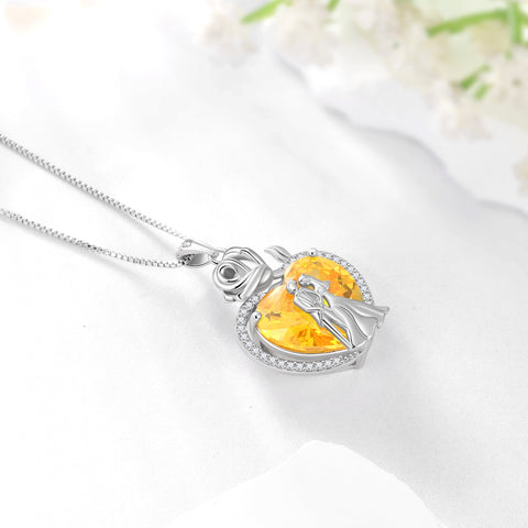 Couple Necklace for Women 925 Sterling Silver 15MM Heart November Birthstone Rose Flower Pendant Promise Engagement Jewelry Valentines Day Gift for Her Wife Bride - Aurora Tears
