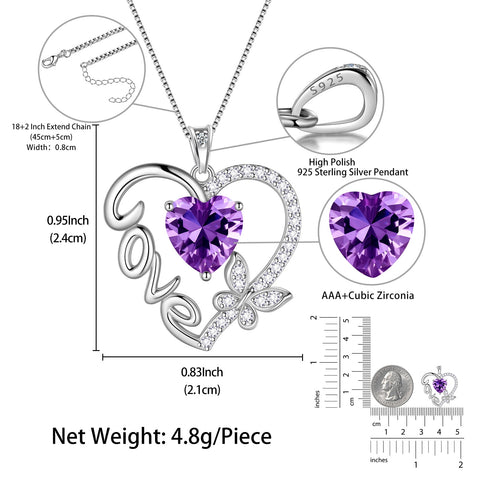 Women Purple Love Heart Necklace Butterfly February Birthstone Necklace Amethyst 925 Sterling Silver Pendant Jewelry Mom Birthday Valentine's Day Gift - Aurora Tears