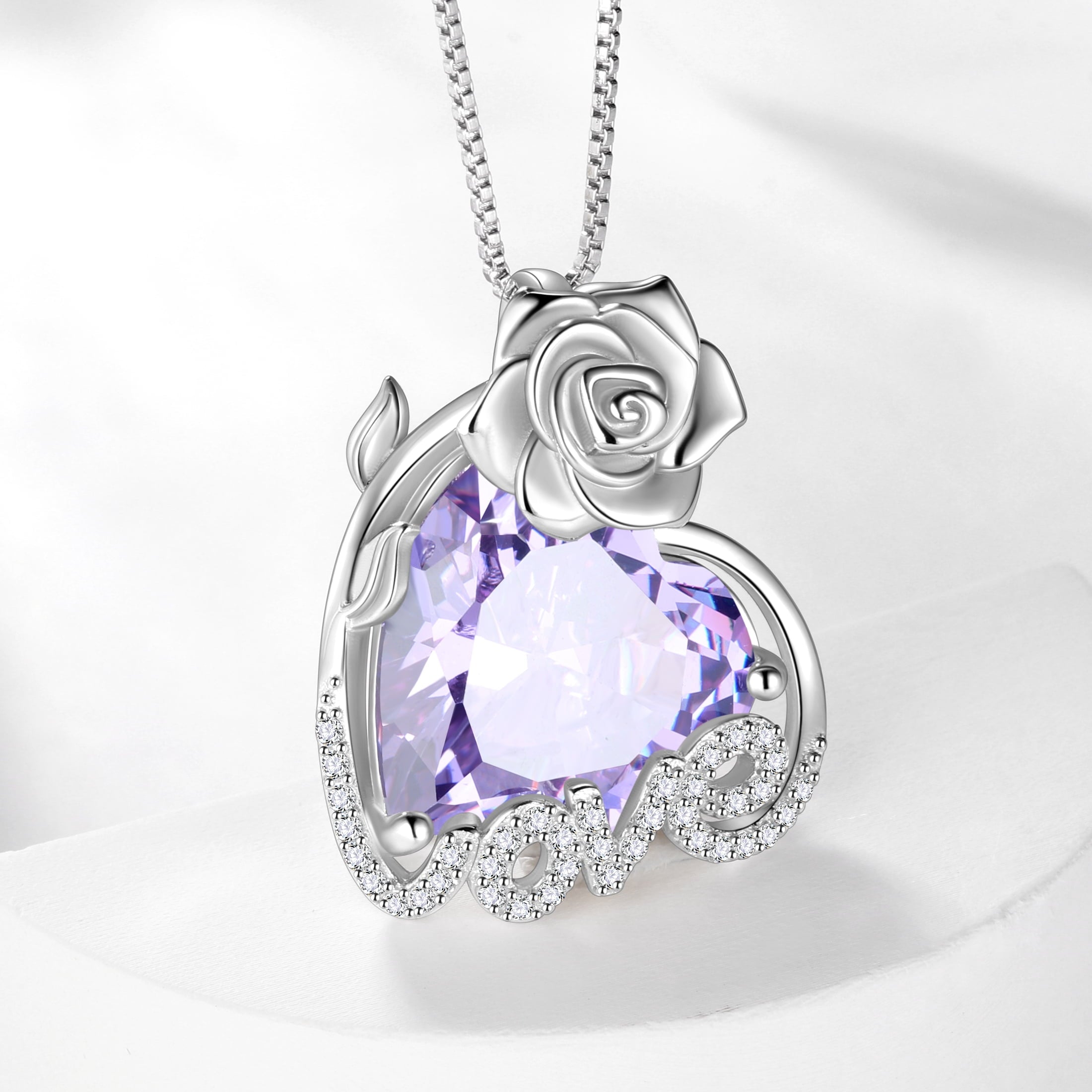 15MM Rose Heart Women Necklace June Birthstone 925 Sterling Silver Flower Love Pendant Purple Alexandrite Jewelry Mom Christmas Valentines Birthday Gift - Aurora Tears