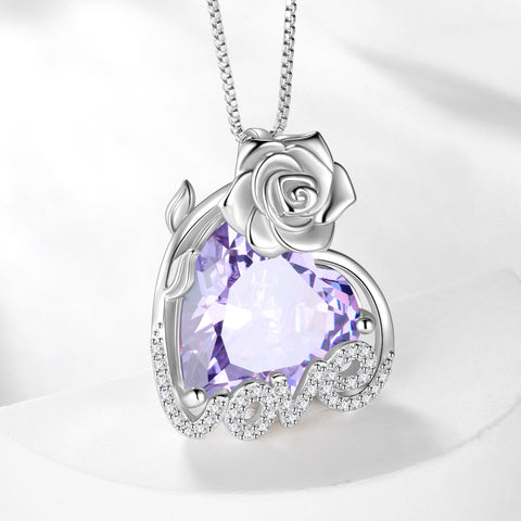 15MM Rose Heart Women Necklace June Birthstone 925 Sterling Silver Flower Love Pendant Purple Alexandrite Jewelry Mom Christmas Valentines Birthday Gift - Aurora Tears