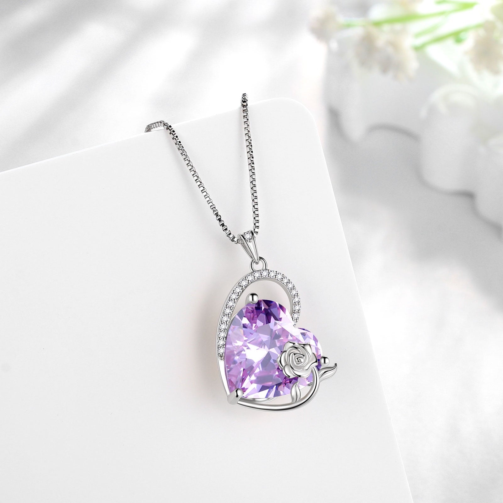 925 Sterling Silver 15MM Heart Necklace Women June Birthstone Alexandrite Purple Jewelry Rose Flower Pendant Mom Birthday Valentines's Day Gift for Her - Aurora Tears